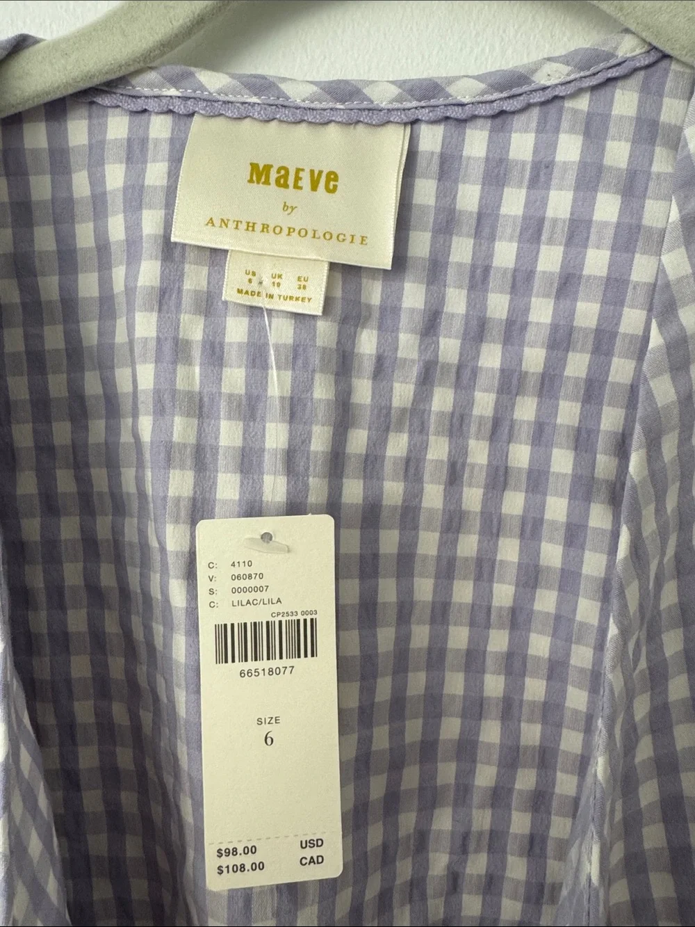 Anthropologie Lavender Gingham Tie-Front Puff Sleeve Blouse